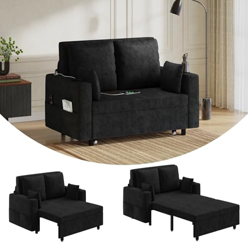 Garvee 3 in 1 Pull Out Couch, 56 Inch Convertible Sleeper Sofa Bed, Loveseat Sofa Couch with Cup Holders, USB & Side Pocket, Modern Loveseat for Living Room, Bedroom, Includes Toss Pillows,