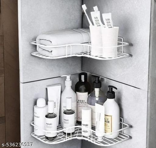 (Pack of 2 White) Wall Mounted Self-Adhesive Bathroom Corner Shelf/Kitchen Rack & Holder - Bathroom Accessories (Material-GI Metal, Powder Coated Finish, White,243629929_KP1963 1