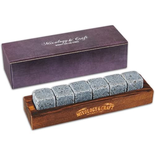 Mixology & Craft Whiskey Stones - Cube-Shaped Granite Chilling Whiskey Rocks Set of 6, Whiskey Gifts for Men and Christmas Stocking Stuffers - Chalk Grey