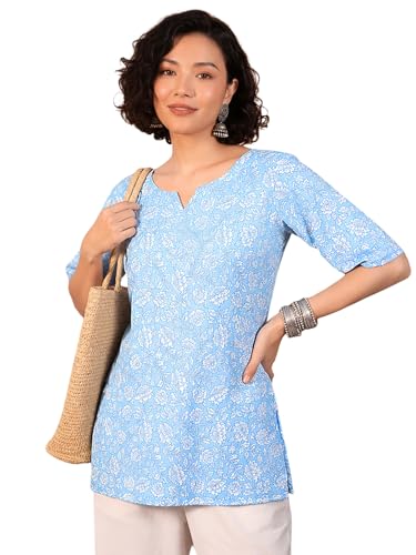 Image of Pinkmint Women Short Kurti | Cotton Blend Printed Tunic Top | Trendy Casual Top | Casual & Office Wear Ethnic Top for Jeans