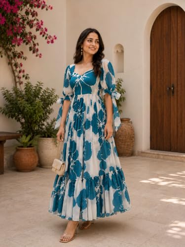 Image of Modestouze Attires Women's Floral Pattern Rayon Blend Maxi Dress with Sweetheart Neck Half Puff Sleeve Floor Length and Zipper Closure Type | Maxi Dress for Women Stylish | Dress for Women