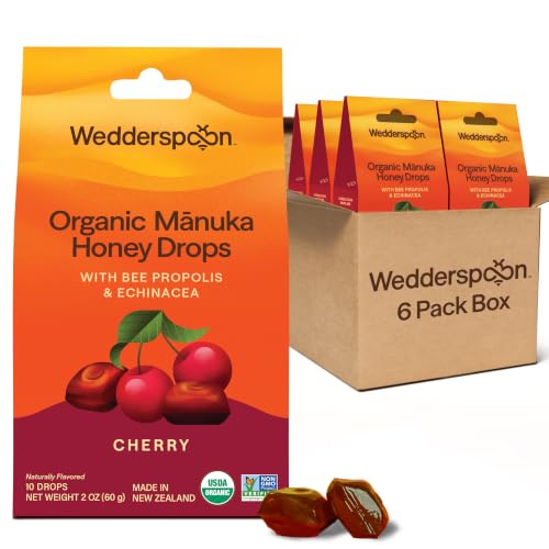 Image of Wedderspoon Organic Mānuka Drops, Cherry, Propolis & Echinacea, Pack of 6