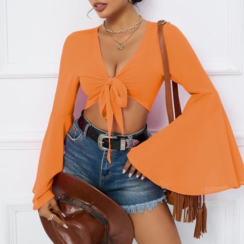 Mesh Tops for Women Bell Sleeve Rave Outfits Tie Front Crop Top Long Sleeve Shirt Sheer Blouse Festival2