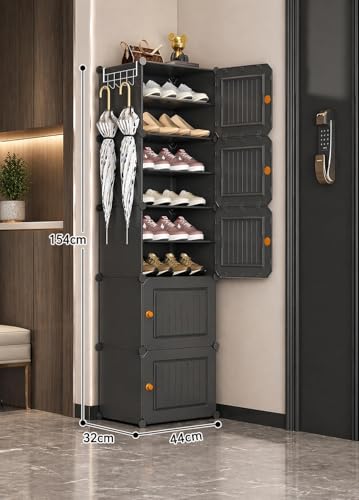 Image of Plastic Shoe Rack for Home with Door | 10-Shelf DIY Shoe Cabinet Organiser | Stores 20 Pairs | Foldable & Waterproof Shoe Stand for Entryway, Bedroom (Grey-HZ1, 10-Layer)