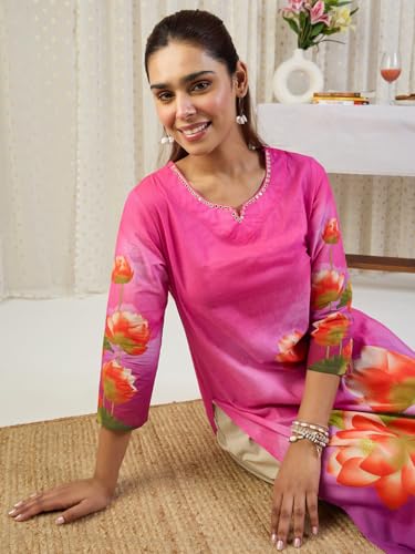 Image of INDO ERA Women's Cotton Floral Printed Straight Kurta (IESTR12002)