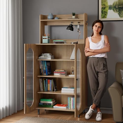 Image of Rocco Stellar Bookshelf with Upper Shelf, Auto LED Lights & Acrylic Doors | Engineered Wood Bookcase | Adjustable Shelves, Scratch-Resistant | Living Room, Library & Office (Oak, Tall Size)