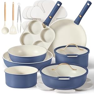 CAROTE 19pcs Pots and Pans Set, Nonstick Cookware Set Detachable Handle, Induction Kitchen Cookware Sets Non Stick with Removable Handle, RV Cookware Set, Gold and Blue