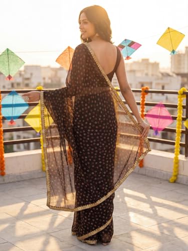 Image of SAREE MALL Women's Brown Chiffon PolkaDot Printed Saree With Unstitched Blouse Piece (2QEN1610 AI2)