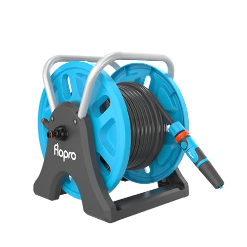 FLOPRO-Garden Hose Reel 25m: 2-in-1 Ideal as Free Standing or Wall Mounted Hose Reel. Robust Frame for Stability. Complete with FLOPRO Hose Pipe Connector Set & Nozzle- Fits All Brands
