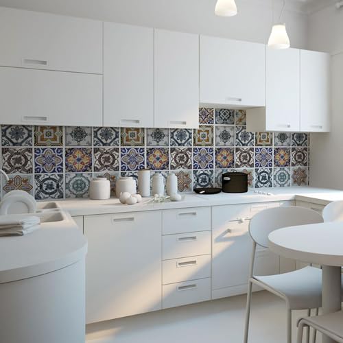 WALPLUS 24 Stück 15x15cm Korfu Farbenfroh Mediterran Mehrfarbig Wandfliesen Aufkleber Schälen und Kleben Backsplash Abziehbilder Startseite Dekore Aufkantung für Küche Badezimmer Kacheln Farbe auf