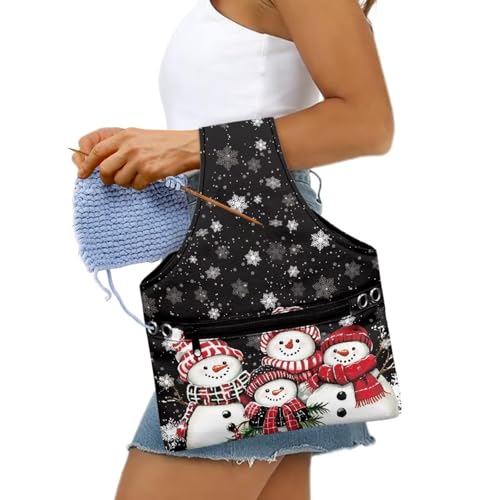 Image of KUIFORTI Snowman Snowflake Knitting Tote Bag Christmas Travel Knitting Yarn Storage Bag Organizer Lightweight for Holding Yarn Crochet Needles, Knitting and Crochet Supplies Soft