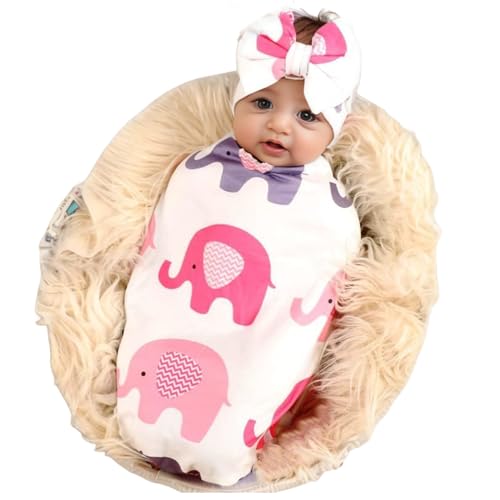 Image of Galabloomer Receiving Blanket Headband Set Flower Print Baby Swaddle Blankets Elephant