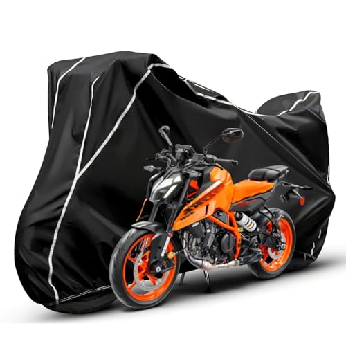 Image of Waterproof Bike Body Cover Compatible with KTM Duke Dustproof Scratchproof - Motorcycle Cover for Two Wheeler, Outdoor Full Cover with UV, Duty, Rain Protection (Black & White)