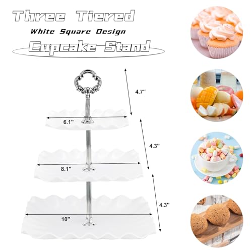 Cake Stand 3 Tier - 2 Pack Afternoon Tea Stand, 34cm Plastic Reusable Tiered Cupcake Display Stand, Large Square 3-Tier Dessert Holding Tower for Birthday Wedding Party Food Serving Platter, White - Cosy Home Interiors Cake Stand 3 Tier - 2 Pack Afternoon Tea Stand, 34cm Plastic Reusable Tiered Cupcake Display Stand, Large Square 3-Tier Dessert Holding Tower for Birthday Wedding Party Food Serving Platter, White - Image 2