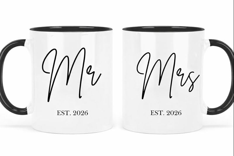 UNIQUEPGIFTS Mr and Mrs Coffee Mugs Set Bride and Groom Wedding Gift EST. 2026 Newlywed Present Anniversary Keepsake His and Hers Black and White Set of 2