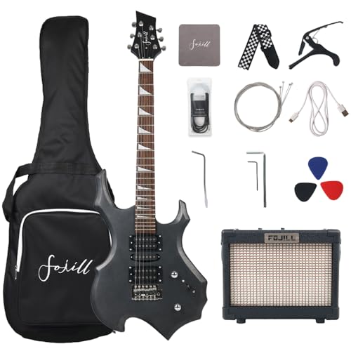 Fojill Cool Shape Electric Guitar Kit Set Beginner Starter Combo Package Bundle 10W Battery Power Bluetooth Amplifier Amp,Accessory 600D gig Bag,Picks, Cable, Strap, Extra Strings