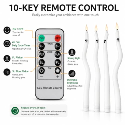 Image of Ghost Flameless LED Taper Candles, 10 Inch Flickering Wax Candles with Remote & Timer, Battery Operated Dripless Tapered Candle for Home Wedding Decor, 4Pack