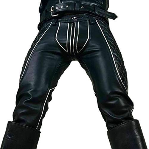 AREENO Motorcycle Bikers Sheep Leather Pants Man Black with White Trim Trousers Jeans