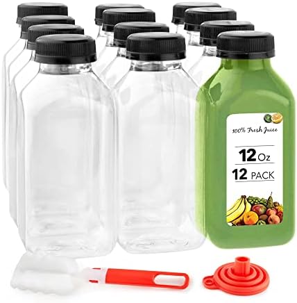 12 oz Juice Bottles with Caps for Juicing (12 pack) - Reusable Clear Empty Plastic Bottles - 12 Oz Drink Containers for Mini Fridge, Juicer Shots - Mini Water Bottles - Includes Labels, Brush & Funnel