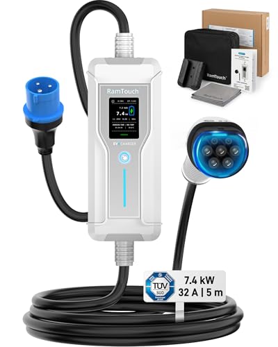RamTouch Cargador Coche Eléctrico (7,4 kW, 6 A - 32 A, 5 m, IP67) | CEE Azul 32A a Tipo 2 | Cable Carga Modo 2 con Pantalla y Temporizador, RCD AC/DC, Wallbox Móvil para Vehículos Eléctricos y PHEV