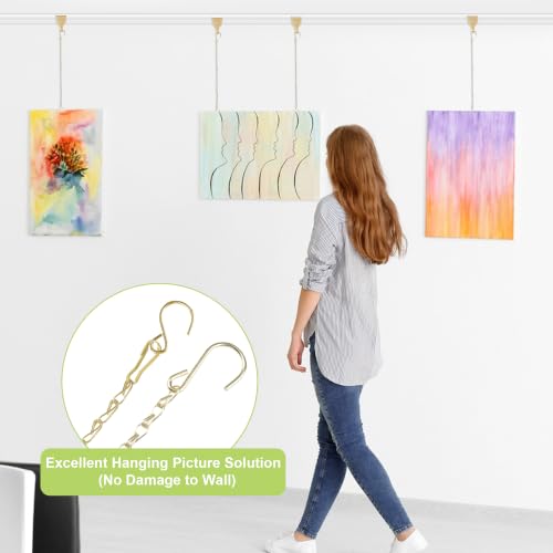 Image of Picture Hanging Kit-10Pcs Frame Rail Hooks with 10Pcs Chains, Metal Rail Hanging Hooks Art Display Hanging System for Wall Picture, Exhibition(Gold-B, 50CM)