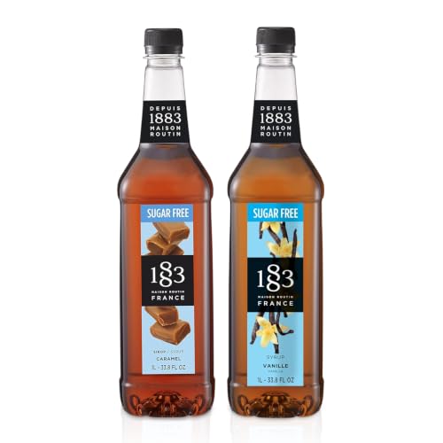 Image of 1883 Sugar Free Vanilla & Sugar Free Caramel Syrups (Cafe Variety Pack) for Coffee & Drinks - 1 Liter Plastic Bottles (Pack of 2)