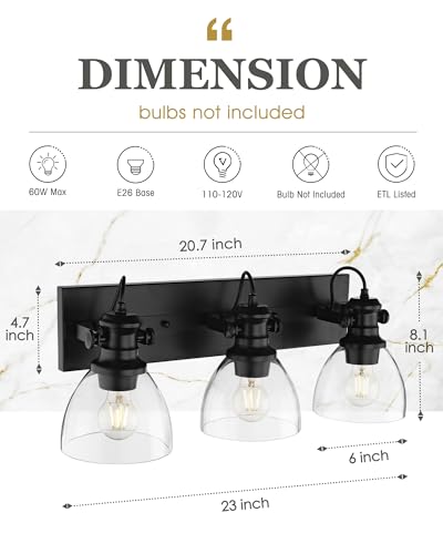 Image of 3-Light Black Bathroom Vanity Light Over Mirror, Clear Glass Shade | 23 inch Retro Vintage Vanity Lighting Fixture, E26 Base, Long Base Metal Frame, Ideal above Bathroom Mirrors, 22151-3W-BK