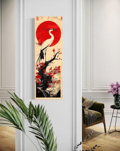 Grue japonaise tableau vertical affiche sakura soleil rouge déco murale zen - 4
