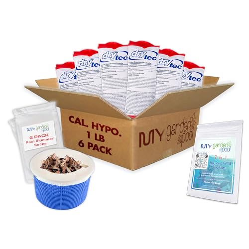 Drytec Calcium Hypochlorite Pool Shock 1 lb. 68% Bag Complete Pool Care Kit with My Garden Pool Skimmer Sock and 7-in-1 Test Strips 60 ct. Powerful Chlorine Shock for Clear Swimming Water (6)