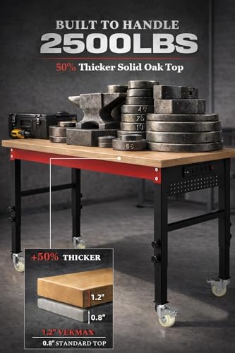 VekMax 70\" Heavy Duty Workbench, 2500 LBS Load Capacity Work Bench with 1.2\" Laminated Oak Wood Top & Reinforced Steel Frame, Adjustable Height Work Table for Garage, Workshop, Office, Home (Casters)