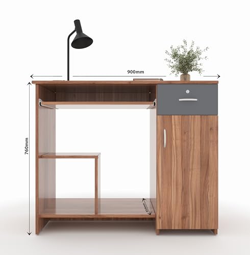 Image of 45x90x76CM Engineered Wood Study & Office Table with Drawer, Cabinet Storage & Keyboard Tray | Sturdy, Foldable DIY Multipurpose Table- Lyon Walnut with Grey