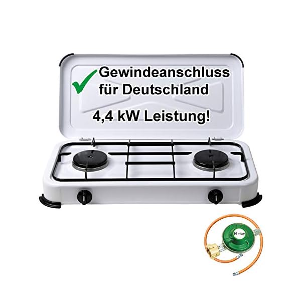 Campingkocher Gaskocher 2-flammig Gasherd 50 mbar mit Gasschlauch und Gasregler