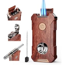 5-in-1 Torch Lighter with Tool, Holder, Punch, Draw Enhancer Tool, Double Jet Flame, Windproof Rechargeable Lighters, Versatile Gifts for Men, Refillable Butane Lighter for Candles, Travel