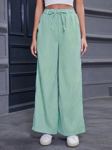 Women's Striped Wide Leg Pants with Pockets High Waist Drawstring Loose Trousers Palazzo Pants Green3