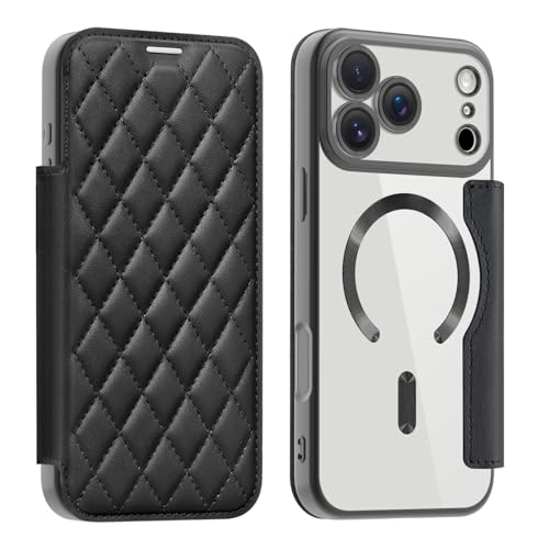 Étui iPhone 17 Air noir en cuir avec dos transparent et aimant intégré