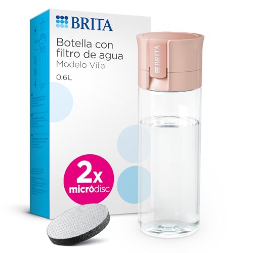 BRITA Botella filtrante de agua modelo VITAL Rosa (600 ml) con 2 filtros MicroDisc, para hidratarse en cualquier lugar, elimina cloro, impurezas, hormonas y preserva minerales.