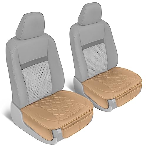 Image of Motor Trend Car Seat Cushion, 2 Pack - Diamond Stitched Faux Leather Seat Covers for Cars Trucks SUV, Beige Padded Car Seat Covers with Storage Pockets, Premium Automotive Seat Covers for Front Seats