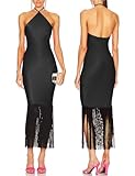 JLCNCUE Women Halter Neck Bodycon Midi Dress Fringe Hem Party Dress Sleeveless Open Back Tassels Evening Gown 262(Medium,Black)