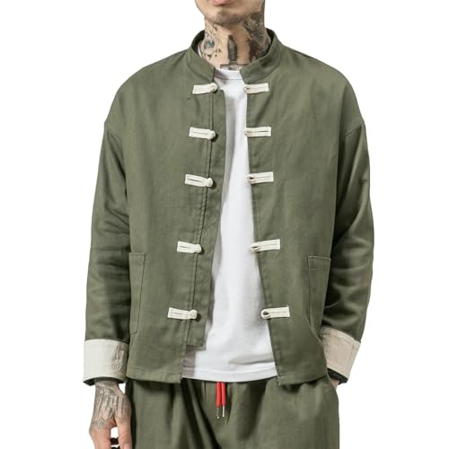 GaoLeAve Traje tradicional de hombre tango chaqueta delgada casual cuello alto abrigo con botones de rana camisa china vintage kung fu tai chi, Army EN8, XS