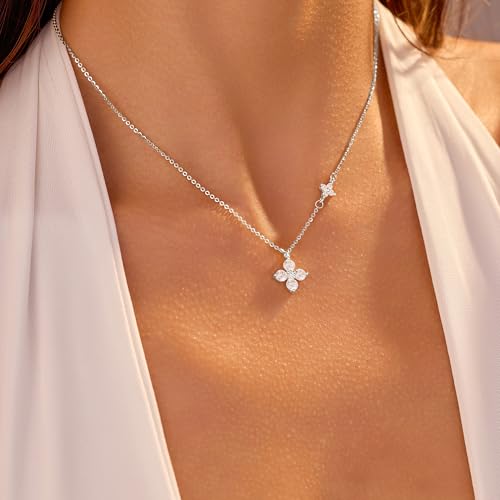 XAYAH 925 Sterling Silver Dainty Lucky CZ Leaf Necklace for Women Mom 14k Gold Plated White Flowers Elegant Pendant Necklace to Daughter Minimalist Stackable Chain Wedding Birth Halloween Jewelry3