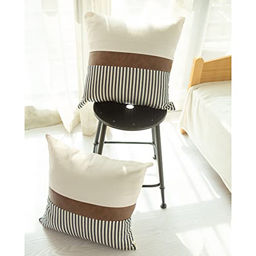 Shorping Farmhouse White And Navy Blue Stripe Patchwork Linen Throw Pillow Covers 20X20 Pillow Covers Set Of 2 Modern Cognac Brown Faux Leather Cushion Pillowcases For Couch Sofa Bed #TOP6