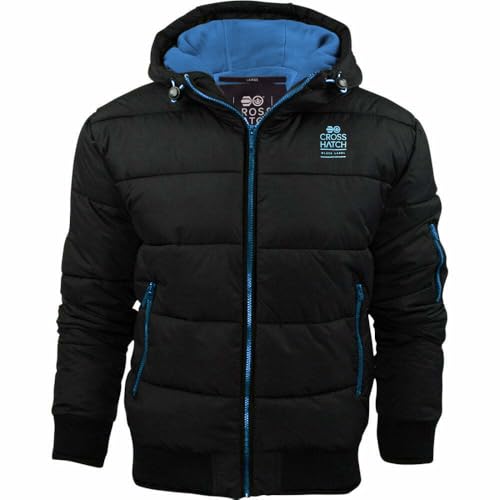 Crosshatch Mens Althorpe Quilted Padded Hood Jacket Fleece Lined Winter Coat Black Blue L