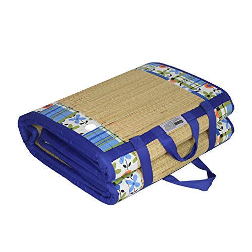 Image of Foldable Mat 6.5 X 6 Feet Korai River Grass chatai Blue Cotton Fabric with 20MM Soft Foam Comfort Cushion