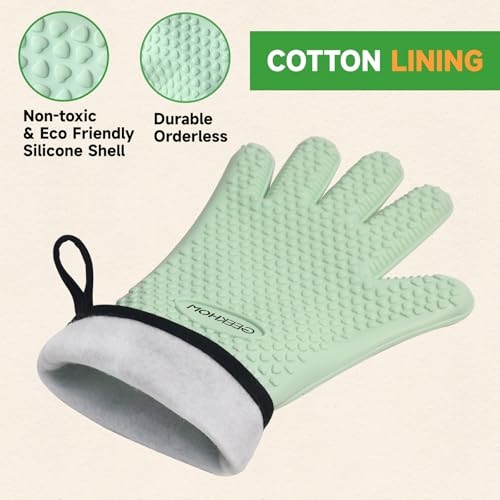 Image of GEEKHOM BBQ Gloves Heat Resistant Oven Mitts - Silicone Grilling Gloves with 13.7 inch Arm Protection - Waterproof Pot Holder Non-Slip for Men & Women, Kitchen Outdoor Cooking, Baking, Camping, Mint Green