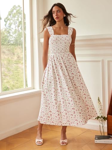 Image of CIDER Womens Floral Smocked Dresses Square Neck Long Midi Sundress