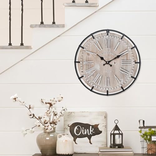 Image of EMAX HOME 12 Inch Farmhouse Wall Clock Rustic Antique Wood with Metal Circle and Large Engraved Numerals, Silent Battery Operated Wall Clock for Office Kitchen Bedroom Living Room