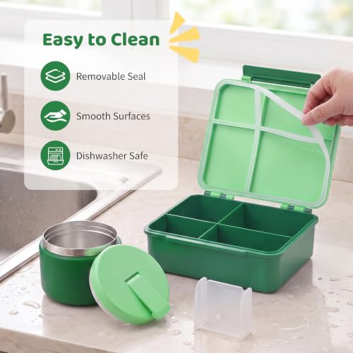 Image of Bento Lunch Box with 8oz Soup Thermo, Kids Leakproof Lunch Food Containers with 4 Compartment, Kids Thermo Insulated Hot Food Jar for School, Trvael-Green