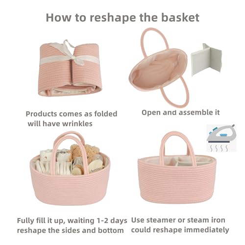 Image of Diaper Caddy Organizer Cotton Rope Baby Basket Nursery Storage and Portable Tote Bag for Car Ideal Baby Shower Gifts and Registry Must-Have for Newborn Essentials coral pink