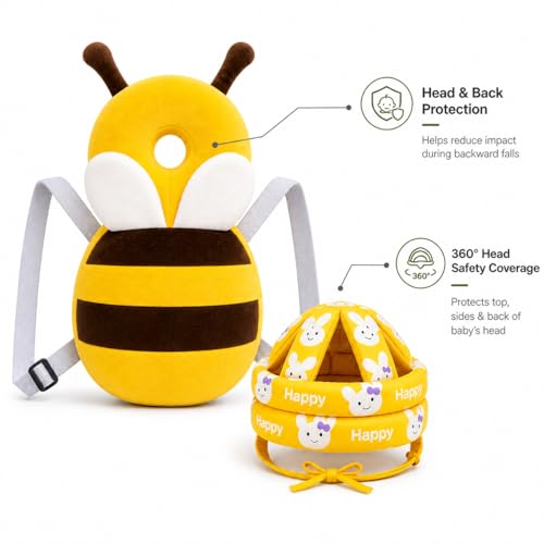Image of GLUN Baby Back Protector with Head Protective Hat Combo Set, Cute Honey Bee Shape Soft Cushioning, Adjustable Shoulder Belt, Head Protection Gear for 6-18 Month Toddler Kids