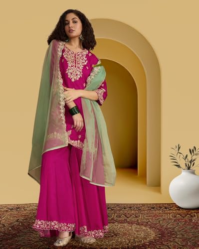 Image of Amazon Brand - Tavasya Women Vichitra Silk Zari Sequence Cording Embroidered Kurta Set | Kurta Set | Ethnic Wear